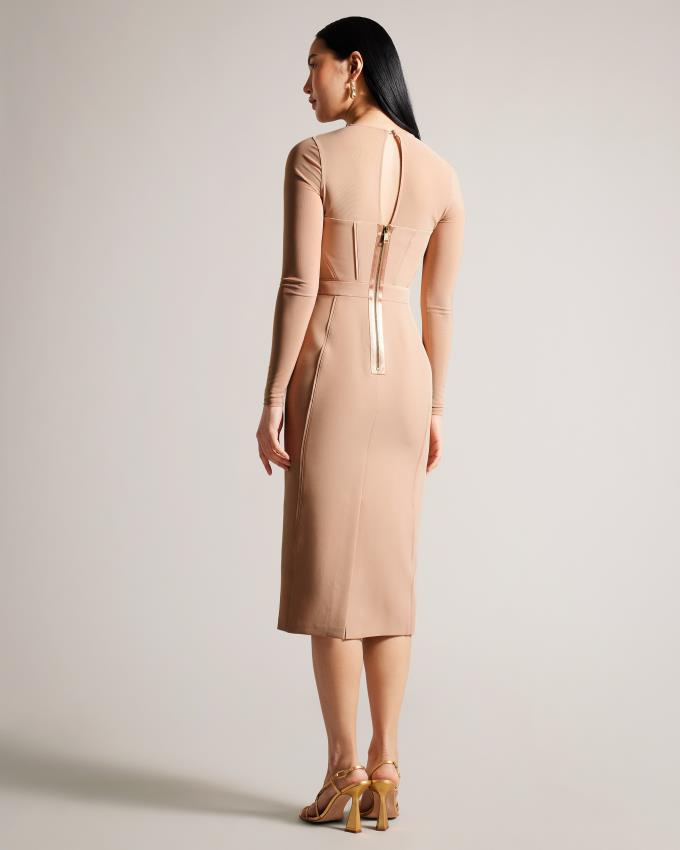 Peignoir Ted Baker Bodycon Midi With Sheer Sleeves Beige Femme | BYL-03739525